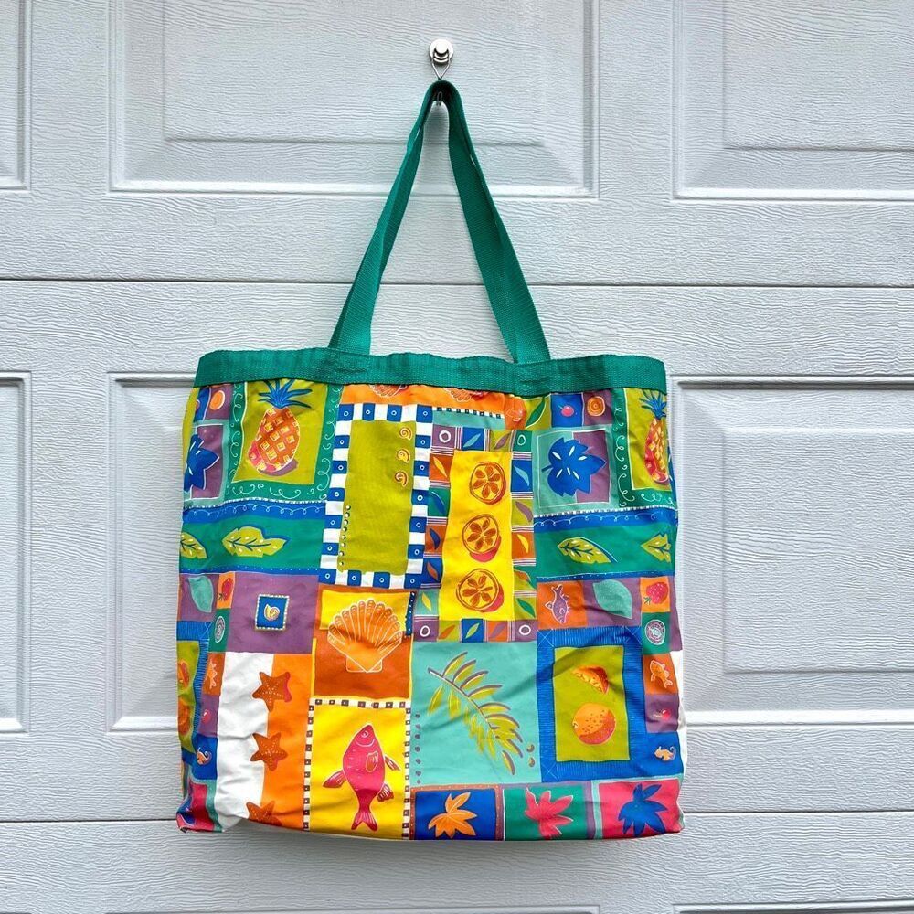 VTG 90s Tropical Vinyl Beach Tote Bag Poolside Coastal Grandma